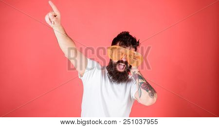 Man Bearded Hipster Wears Giant Louvered Sunglasses. Sunglasses Accessory Gives Incredible Feeling O