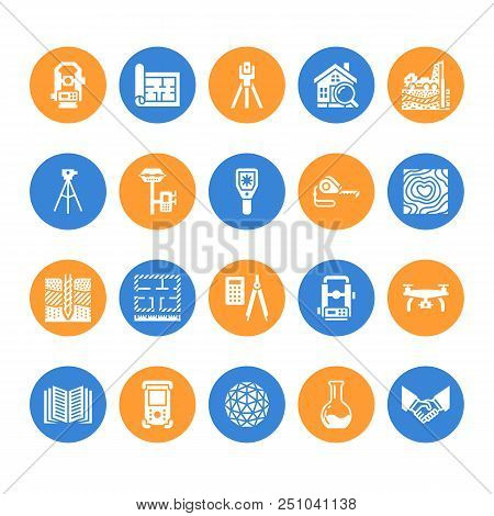 Geodetic Survey Engineering Vector Flat Glyph Icons. Geodesy Equipment, Tacheometer, Theodolite. Geo