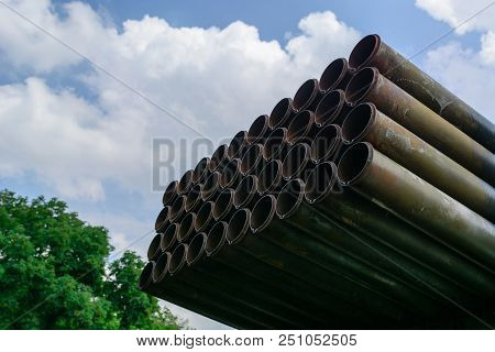 Russian Missile Artillery On The Road, Captured By Ukraine In The Donbass. Weapons From The Battlefi
