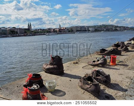 The Shoes On The Danube Memorial Along River In Budapest, Hungary
