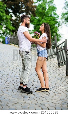 Guy Prepared Surprise Bouquet For Girlfriend. Romantic Date Walk. Gentlemans Manners. Man Gives Flow