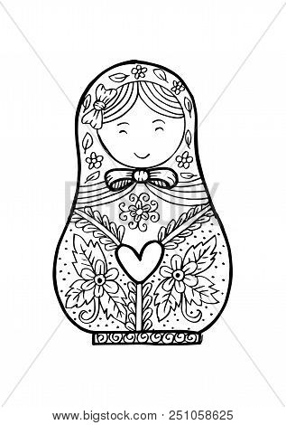 Doodle Of Russian Doll Matrioshka Babushka. Black And White.