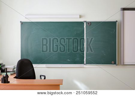 School Classroom Background Without Young Student. View Of Class Room No Kids.