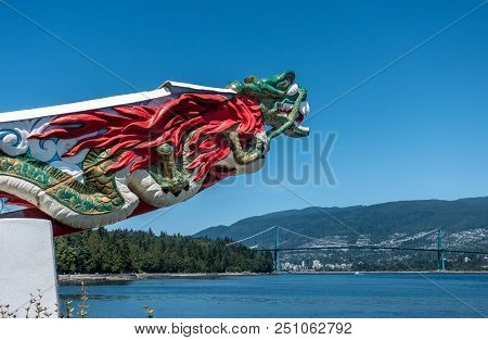 Vancouver, Canada - July 15, 2018: Monument Displaying The Figurehead Of Ss Empress Of Japan Looking