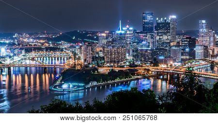 Pittsburgh, Pa - June 16, 2018: Pittsburgh, Pennsylvania Skyline  Overlooking The Allegheny Monongah