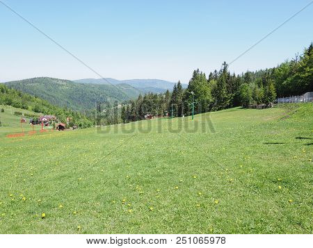 Exciting Green Grassy Field And Forest At Beskid Mountains Range Landscapes In European Salmopol Pas