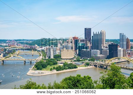 Pittsburgh, Pa - June 16, 2018: Pittsburgh, Pennsylvania Skyline  Overlooking The Allegheny Monongah