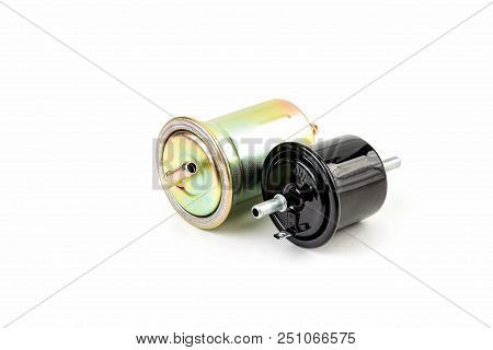 Car Fuel Filter  On A White Background Isolated.  Auto Parts. Spare Parts.