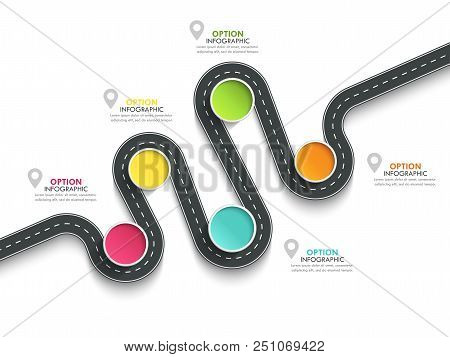 Winding Road Way Location Infographic Template With A Phased Structure. Business Circle Template Wit