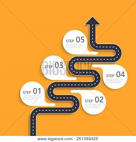 Road Way Location Infographic Template With A Phased Structure. Winding Road Timeline. Stylish Serpe