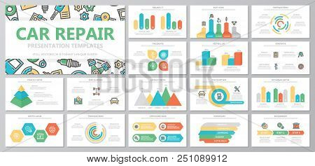 Set Of Car Service And Auto Repair Elements For Multipurpose Presentation Template Slides With Graph