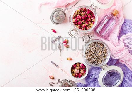 Dried Rose Flower Buds And Flowers In Glass Jars. Herbal Tea, Cleansing, Organic Bio Products. Top V