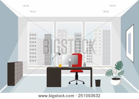 Office Interior Concept. Flat Style. Modern Business Workspace With Office Furniture: Chair, Desk An