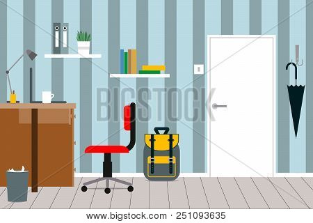 A Cozy Interior Of A Children's Room With Furniture, Door, School Bag And Umbrella.