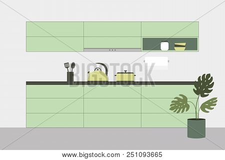 Modern New Light Interior Of Kitchen With Green Furniture And Kitchenware. Flat Style Vector Illustr