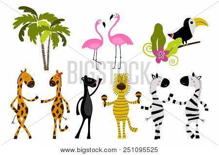 Jungle Animals And Palm Trees. Cartoon Zebra, Giraffe, Flamingo, Panda, Tiger. Can Be Used For Child
