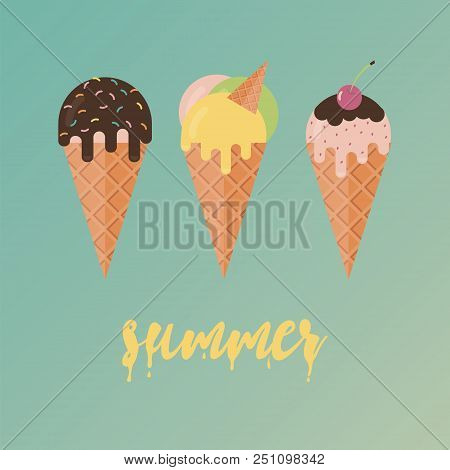 Collection Of 3 Vector Ice Cream Illustrations. Flat Design.