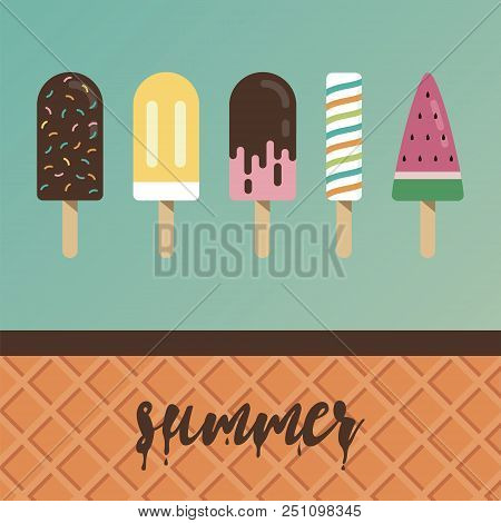 Collection Of 5 Vector Ice Cream Illustrations With Blue Background And Waffle Texture. Flat Design.
