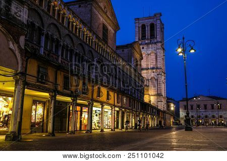 Ferrara, Italy - July, 23, 2018: street in the historical center of Ferrara at a night