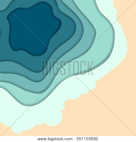 Paper Cut And Craft Style Beach And Sea Top View. Summer Time Vector Water Layers Empty Background.