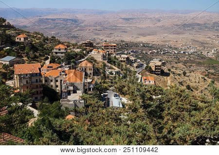 View To Rachaiya Village With Mountain Range In Bekaa Valley, Lebanon