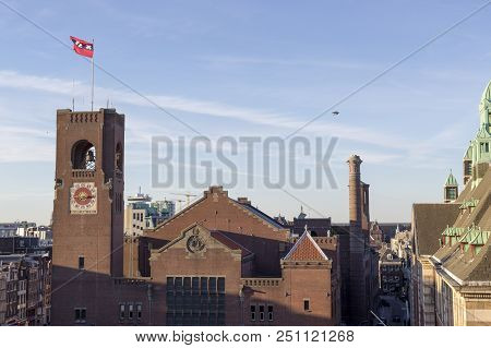 Amsterdam, Netherlands - July 02, 2018: View Of The Tower Of The Berlage Exchange Building On Damrak