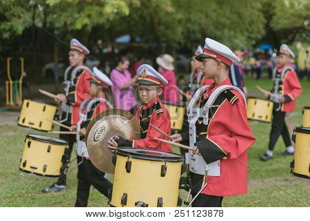 Kanchanaburi Thailand - July 18 :   Thai School Marching Band On Street, In Athletic Game Opening Da