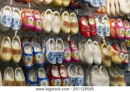Amsterdam, Netherlands - July 02, 2018: Klomp - Dutch Wooden Shoes In The Shop Window