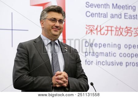 Sofia, Bulgaria - 7 July, 2018: Prime Minister Of Croatia Andrej Plenkovic Speaks During A News Conf