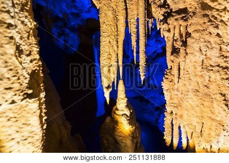 Venetsa Cave In Bulgaria. Beautiful Colorful And Illuminated Cave Full With Semiprecious Onyx Stones