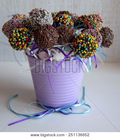 Colored Sweet Cake Pops Candy. Candy Bar And Popcakes Catering Concept For Birthday, Wedding And Oth