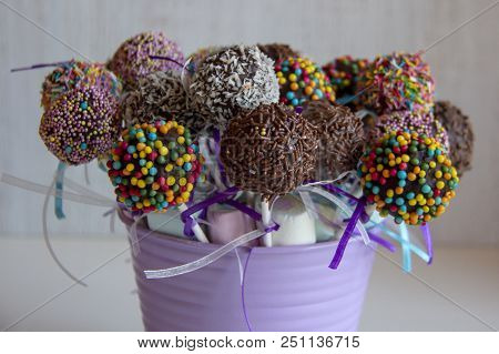 Colored Sweet Cake Pops Candy. Candy Bar And Popcakes Catering Concept For Birthday, Wedding And Oth