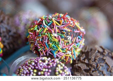 Colored Sweet Cake Pops Candy. Candy Bar And Popcakes Catering Concept For Birthday, Wedding And Oth