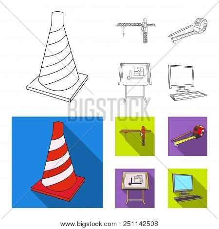 Construction Crane, Measuring Tape Measure, Drawing Board, Computer. Architecture Set Collection Ico