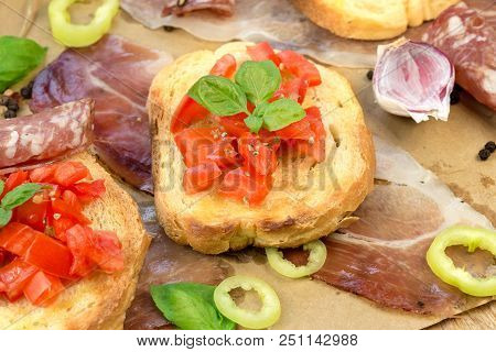 Tomato Bruschetti - Bruschetta And Prosciutto, Sausage For Your Pleasure, Apetizer