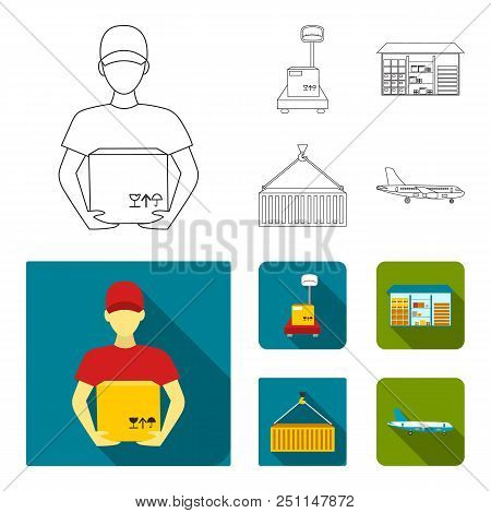 Courier, Scales, Container, Warehouse.logistic, Set Collection Icons In Outline, Flat Style Vector S