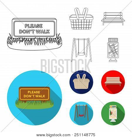 Lawn With A Sign, A Basket With Food, A Bench, A Swing. Park Set Collection Icons In Outline, Flat S