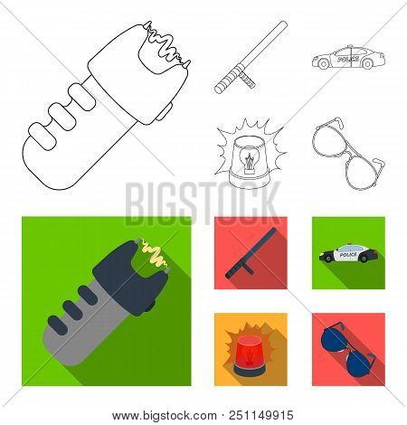Police Baton, Auto, Flasher, Glasses.police Set Collection Icons In Outline, Flat Style Vector Symbo