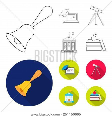 School Bell, Computer, Telescope And School Building. School Set Collection Icons In Outline, Flat S