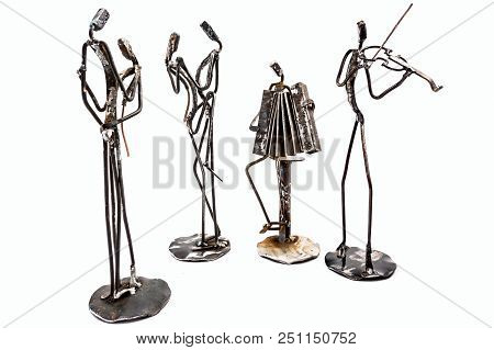 Figures Of Music Performers Made With Welded Black Metal Wire. Accordion And Violin Are Playing Toge