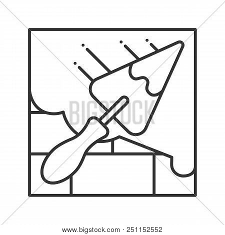 Brick Wall With Triangular Shovel Linear Icon. Putty Knife, Spatula. Thin Line Illustration. Cement 
