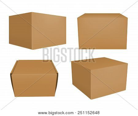 Set Of Blank Brown Boxes Isolated On White Background. Realistic Carton Case Vector Illustration For