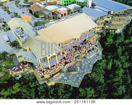 Top View Colorful Restaurant Near Cliff Rock Wall In Austin, Texas, Usa