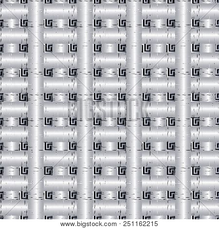 Grunge Check 3d Greek Vector Seamless Pattern. Grid Lattice Geometric Abstract Background. Checkered