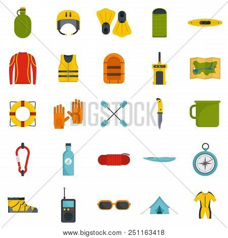 Rafting Kayak Water Canoe Icons Set. Flat Illustration Of 25 Rafting Kayak Water Canoe Vector Icons 