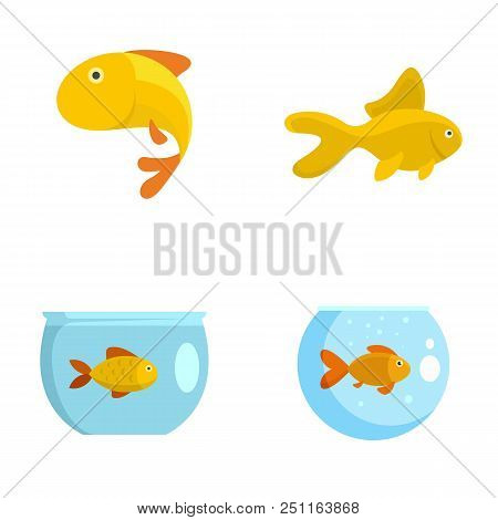 Goldfish And Fishbowl Icons Set. Flat Illustration Of 4 Goldfish And Fishbowl Vector Icons Isolated 