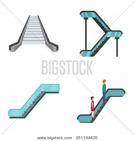 Escalator Elevator Icons Set. Flat Illustration Of 4 Tuk Rickshaw Thailand Vector Icons Isolated On 