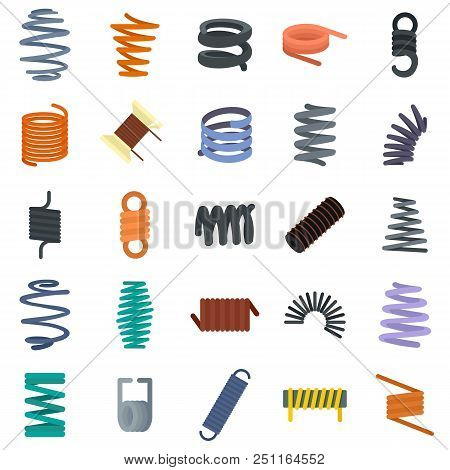 Coil Spring Cable Icons Set. Flat Illustration Of 25 Coil Spring Cable Vector Icons Isolated On Whit