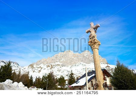 Formigal ski area stone cross in Huesca Pyrenees of Spain