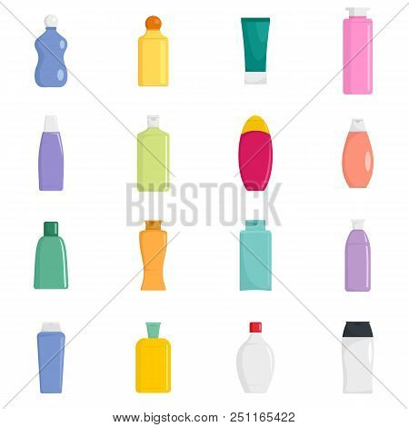 Shampoo Bottle Hair Body Washing Soap Care Icons Set. Flat Illustration Of 16 Shampoo Bottle Hair Bo